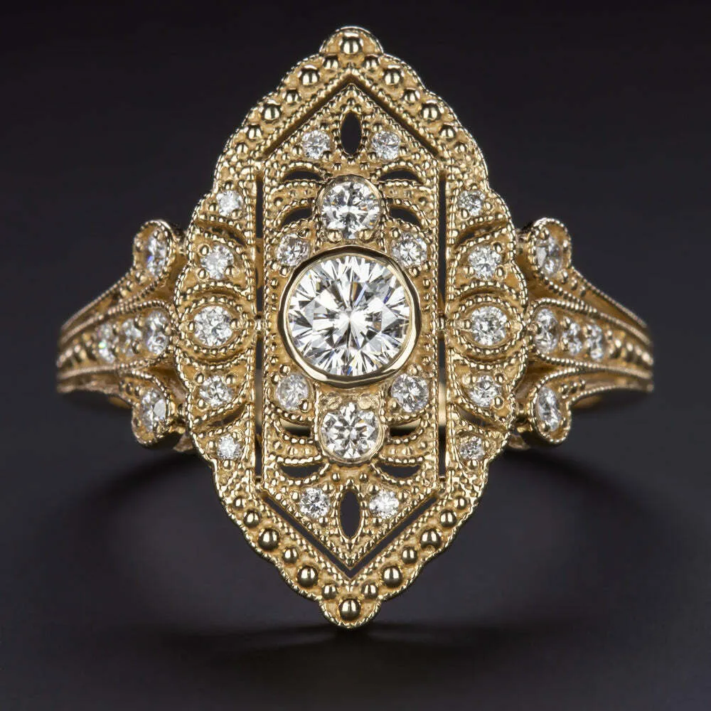 0.59ct DIAMOND NAVETTE RING VINTAGE STYLE ART DECO COCKTAIL YELLOW GOLD NATURAL