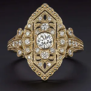 0.59ct DIAMOND NAVETTE RING VINTAGE STYLE ART DECO COCKTAIL YELLOW GOLD NATURAL