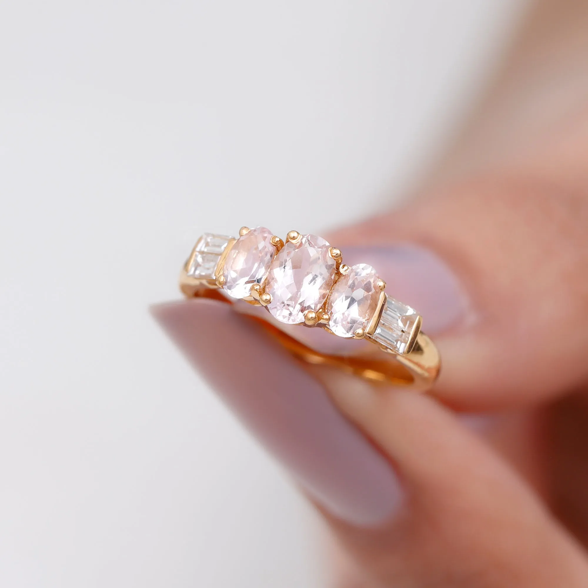 0.75 CT Oval Cut Morganite Three Stone Ring with Diamond