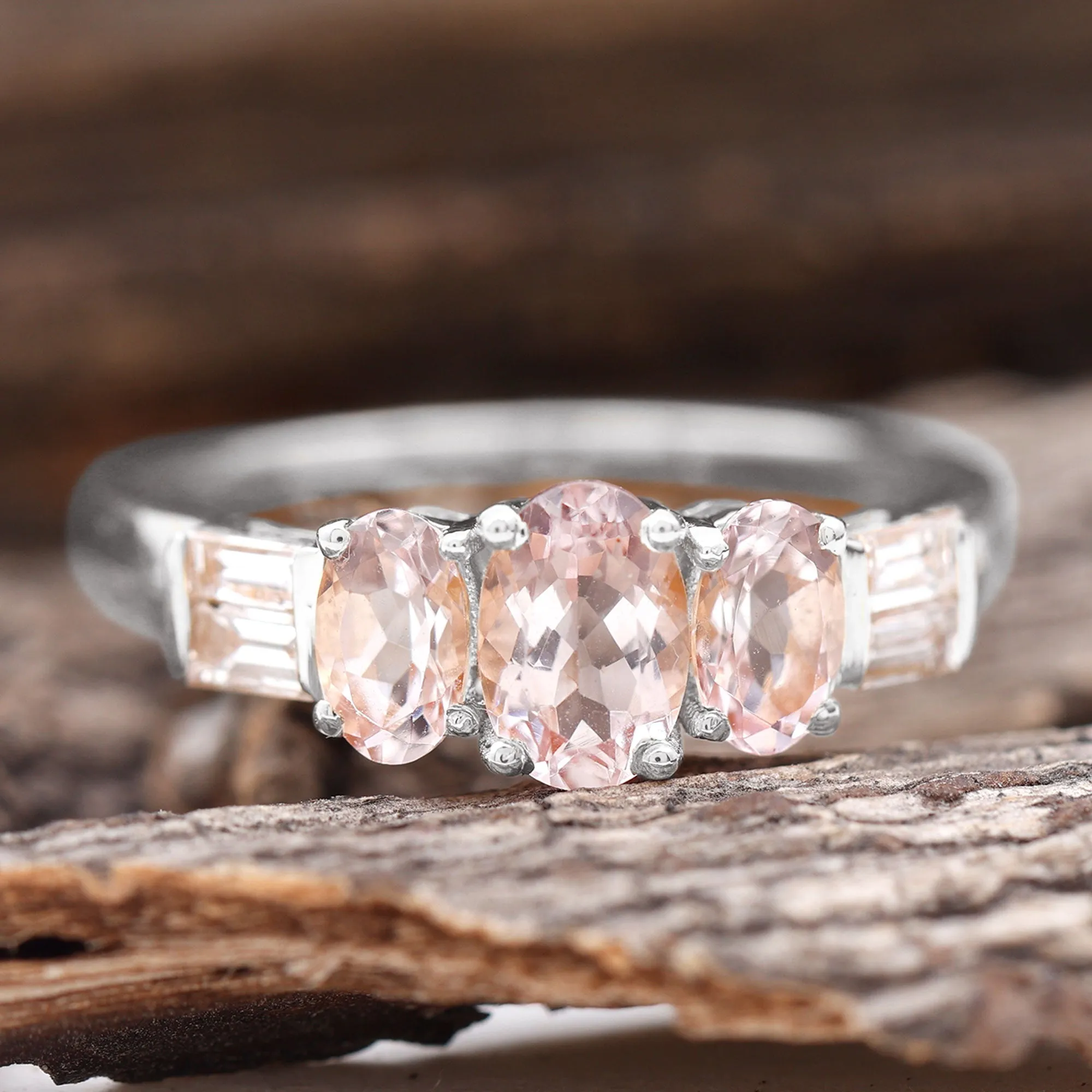 0.75 CT Oval Cut Morganite Three Stone Ring with Diamond