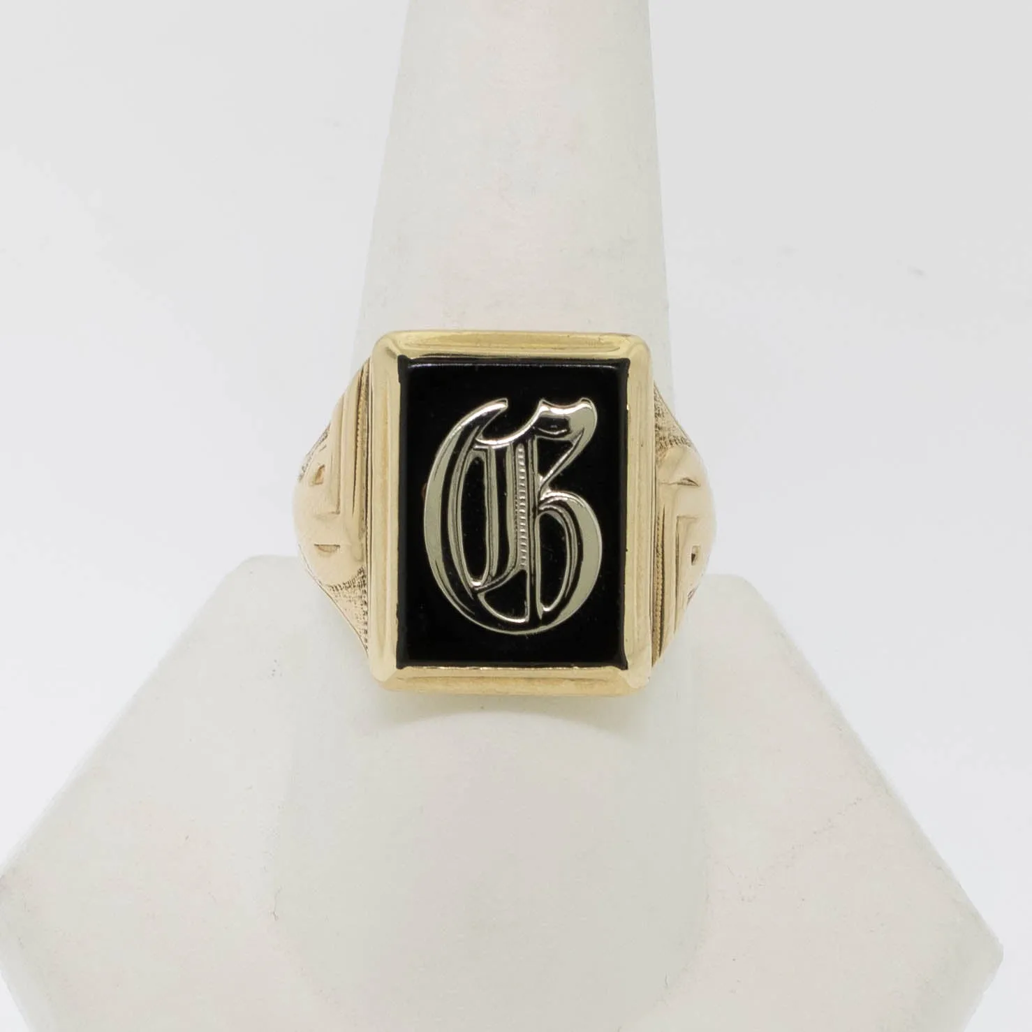 10K Yellow Gold Onyx Initial Ring Old English 'G' Men's Ring Preowned Jewelry