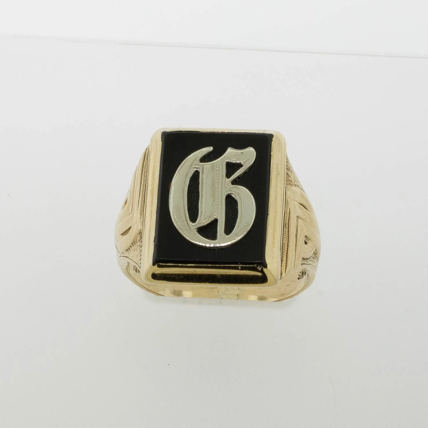 10K Yellow Gold Onyx Initial Ring Old English 'G' Men's Ring Preowned Jewelry