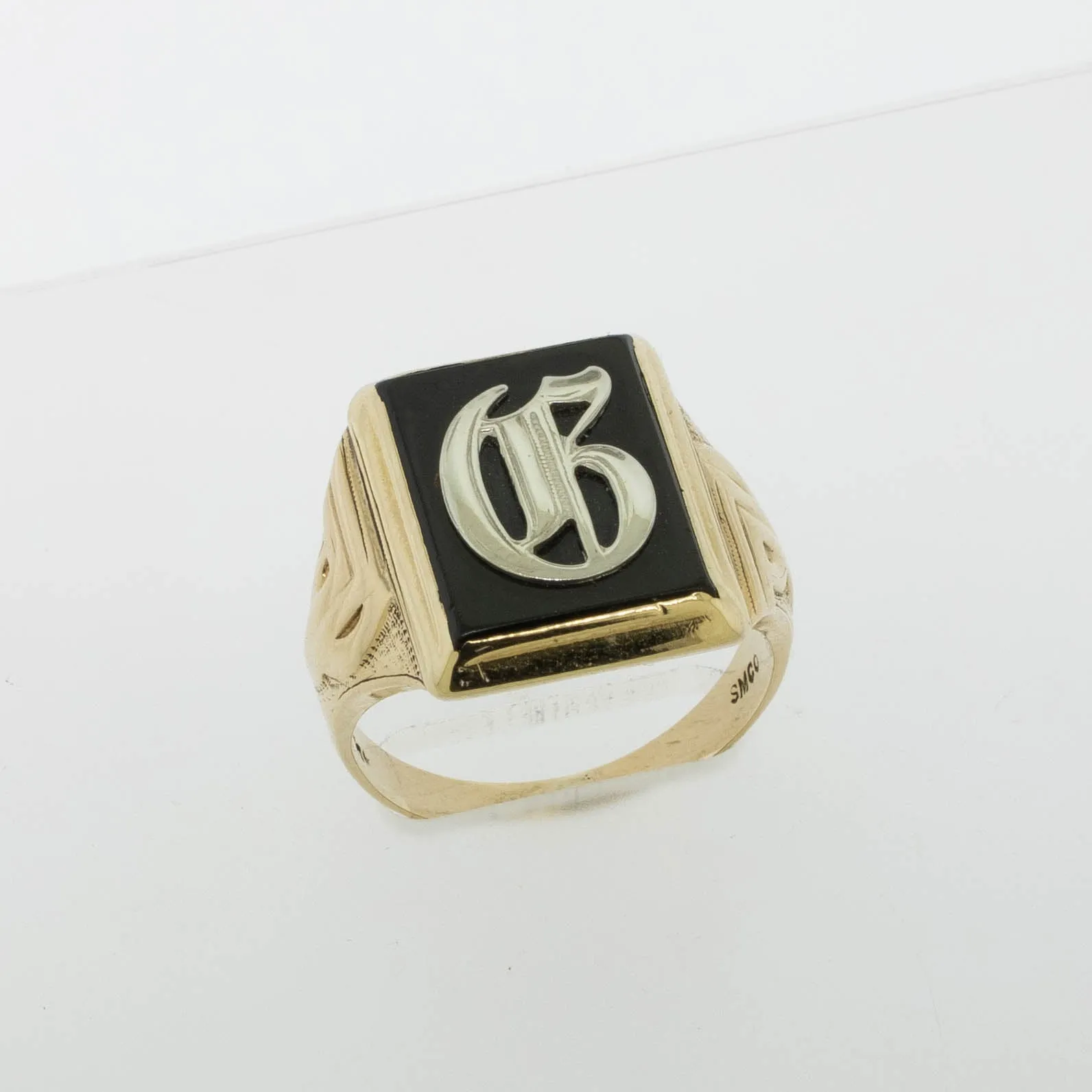 10K Yellow Gold Onyx Initial Ring Old English 'G' Men's Ring Preowned Jewelry