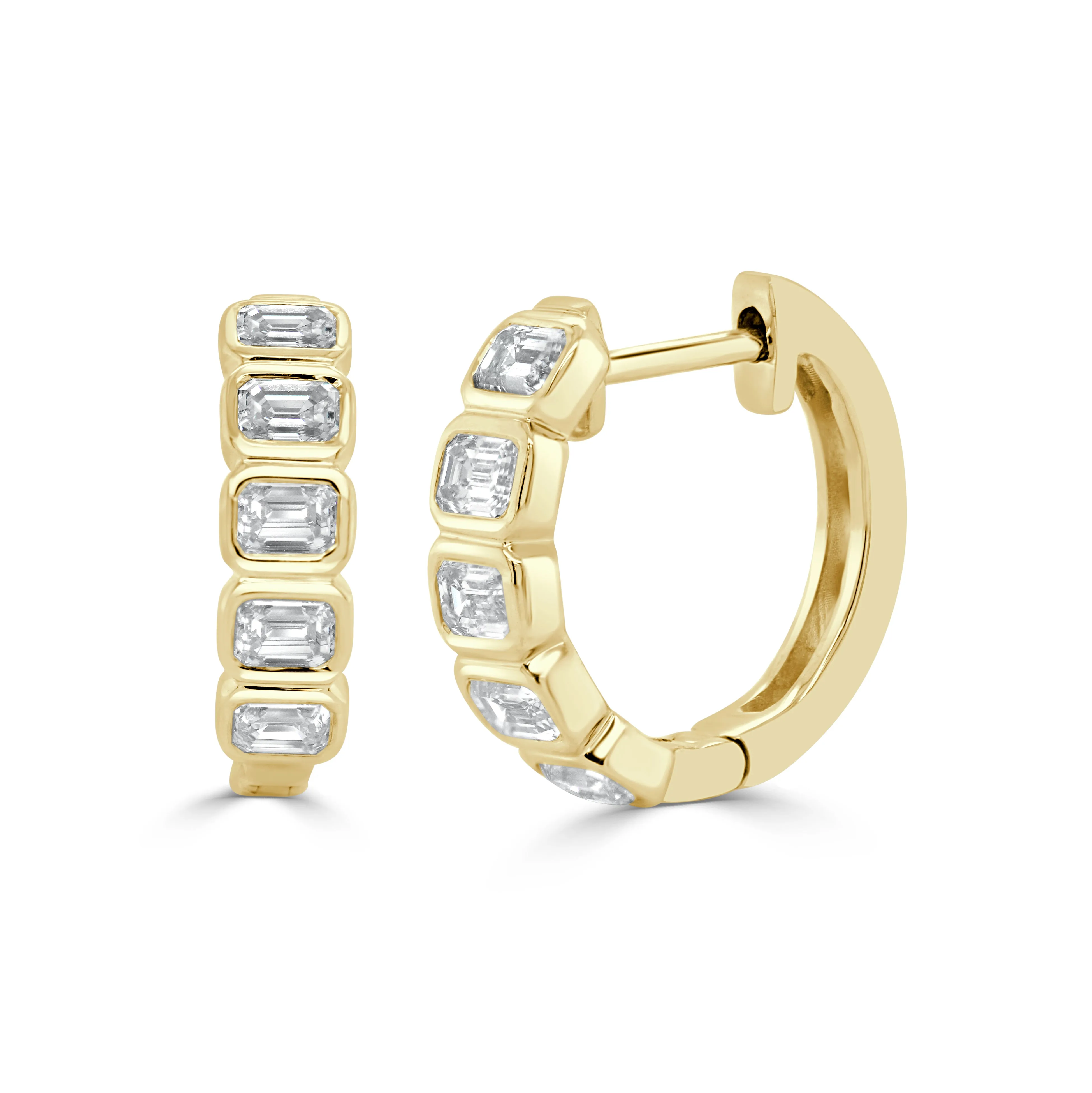 14K Gold & Emerald-Cut Diamond Bezel-Set Huggie Earrings - 1.05ct