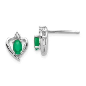 14k White Gold Diamond & Genuine Emerald Heart Stud Earrings