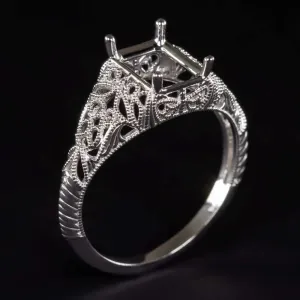 14k WHITE GOLD FILIGREE ENGAGEMENT RING SETTING 8x6 EMERALD CUT VINTAGE STYLE