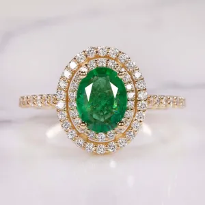 1.5ct EMERALD DIAMOND COCKTAIL RING DOUBLE HALO YELLOW GOLD NATURAL OVAL GREEN