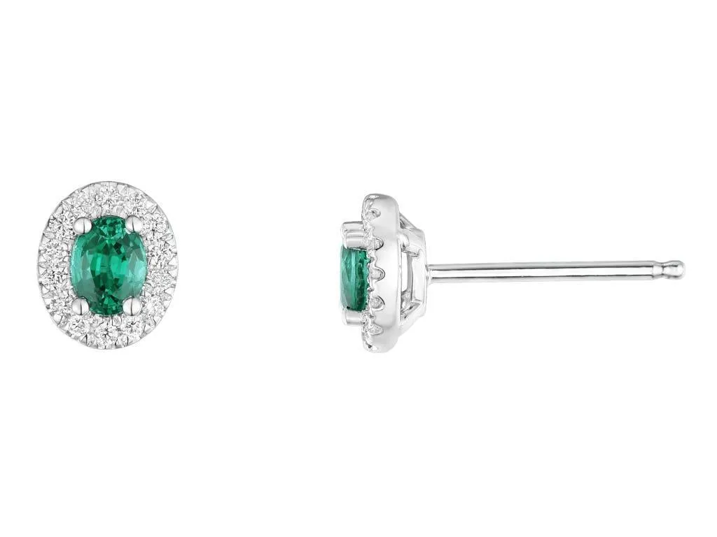 18ct White Gold 0.40ct Oval Cut Emerald And 0.11ct Diamond Halo Stud Earrings