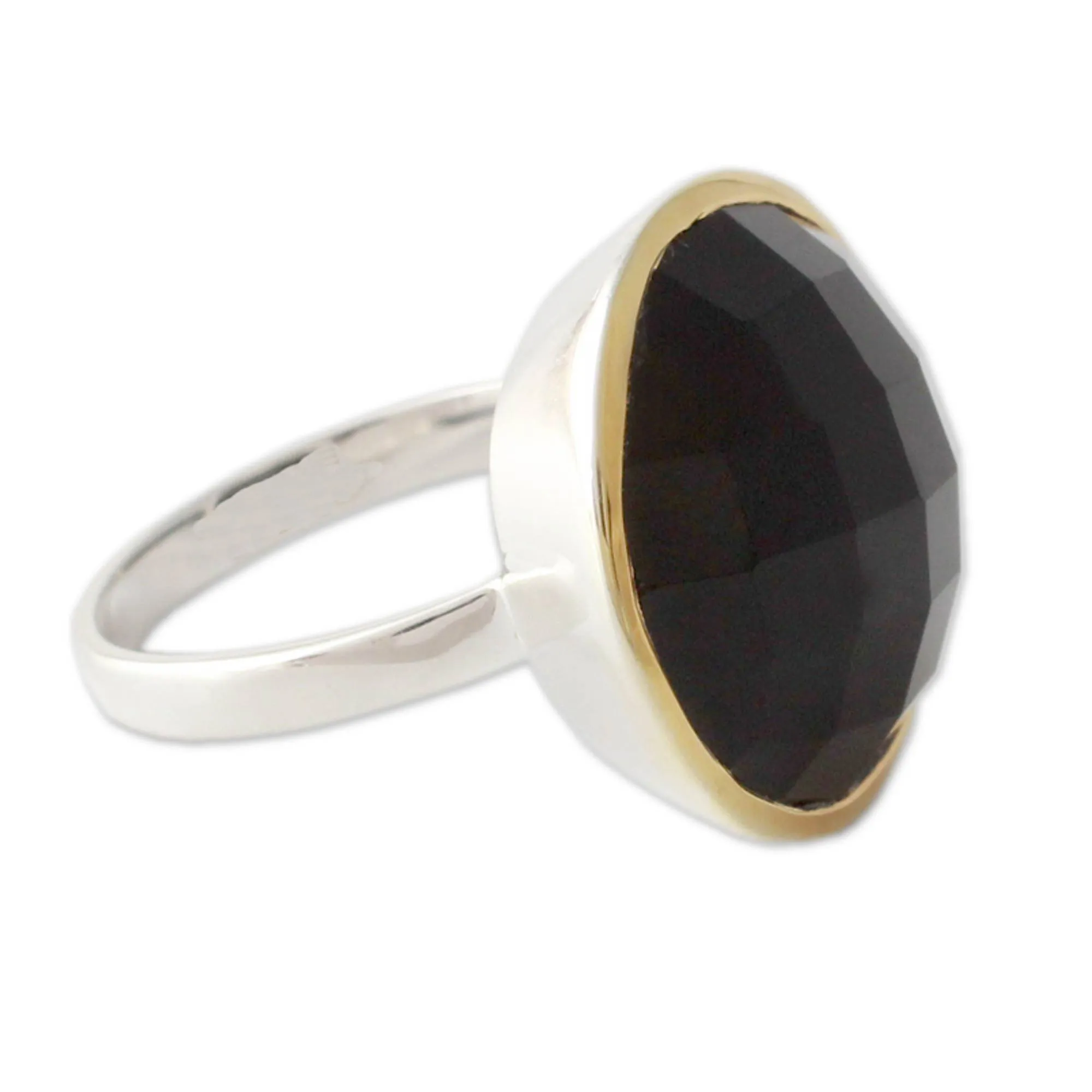 18k Gold Accented Onyx and Sterling Silver Cocktail Ring - Mystical Allure | NOVICA