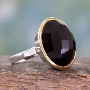 18k Gold Accented Onyx and Sterling Silver Cocktail Ring - Mystical Allure | NOVICA