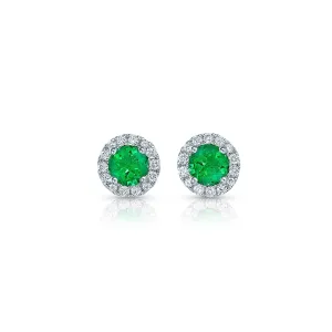 18k White Gold Round Brilliant Emerald and Diamond Studs