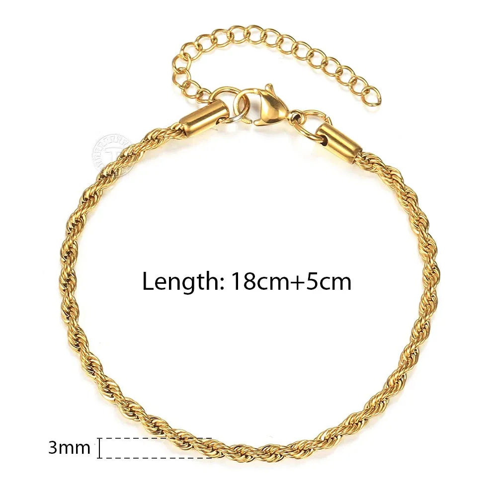 2-6mm Gold Silver Color Rope Chain Bracelets For Men Women Stainless Steel Twisted Rope Link Chain Anklet Adjustable DKB682