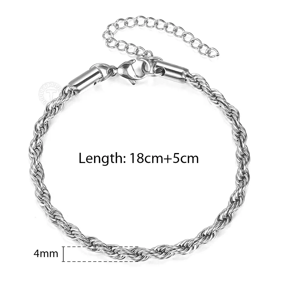 2-6mm Gold Silver Color Rope Chain Bracelets For Men Women Stainless Steel Twisted Rope Link Chain Anklet Adjustable DKB682