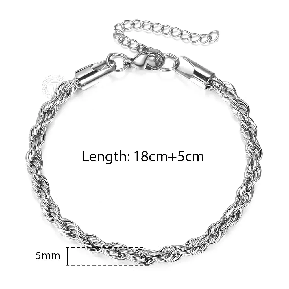 2-6mm Gold Silver Color Rope Chain Bracelets For Men Women Stainless Steel Twisted Rope Link Chain Anklet Adjustable DKB682