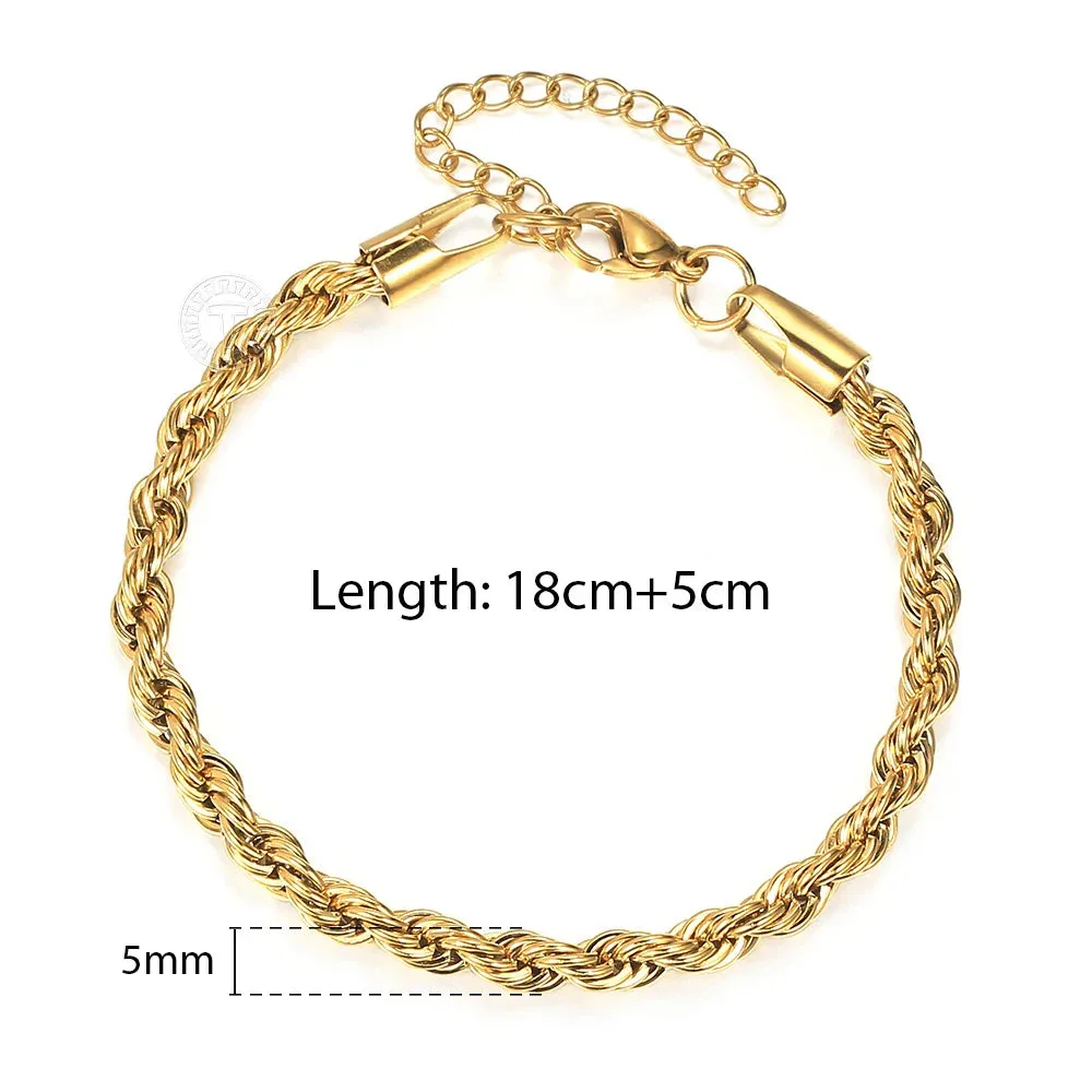 2-6mm Gold Silver Color Rope Chain Bracelets For Men Women Stainless Steel Twisted Rope Link Chain Anklet Adjustable DKB682