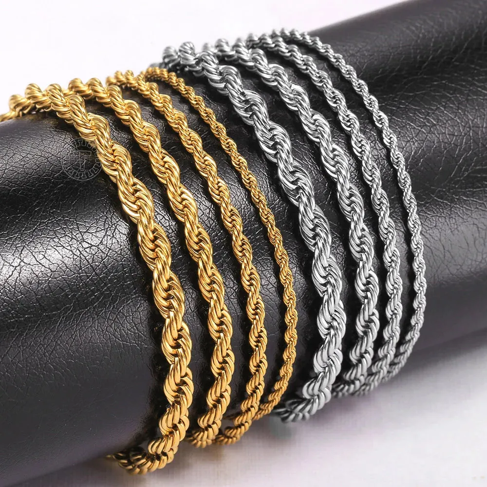 2-6mm Gold Silver Color Rope Chain Bracelets For Men Women Stainless Steel Twisted Rope Link Chain Anklet Adjustable DKB682