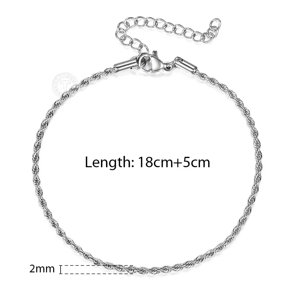 2-6mm Gold Silver Color Rope Chain Bracelets For Men Women Stainless Steel Twisted Rope Link Chain Anklet Adjustable DKB682