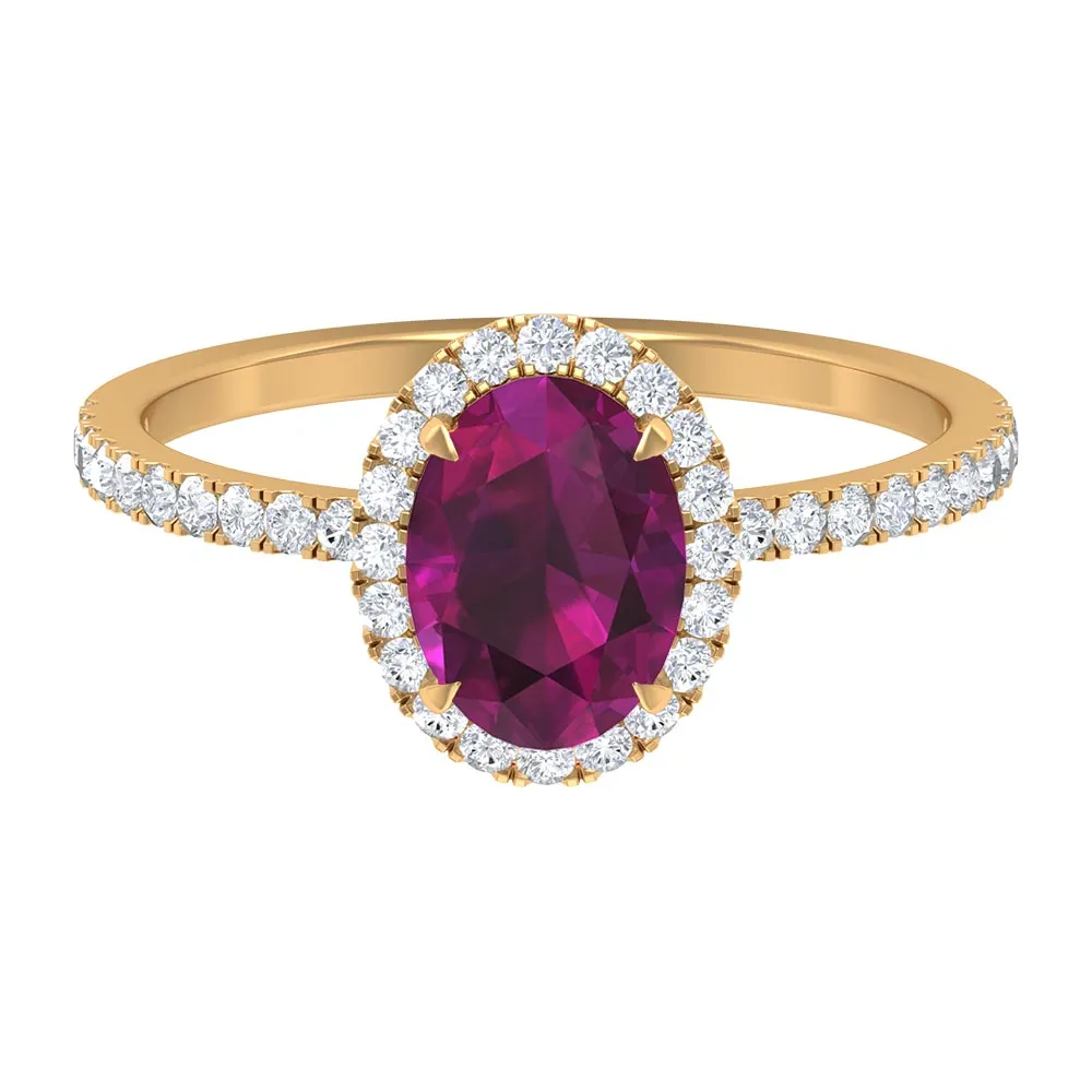 2 CT Oval Rhodolite Engagement Ring with Diamond Halo