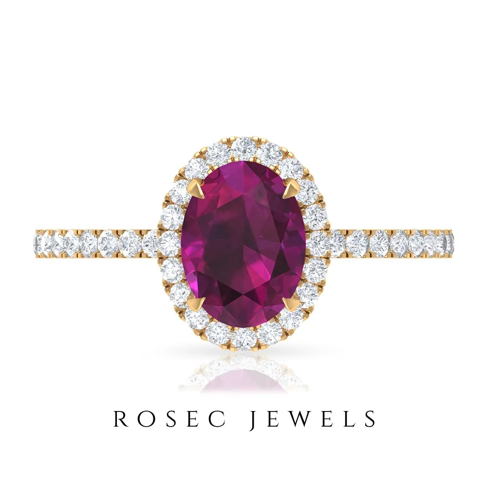 2 CT Oval Rhodolite Engagement Ring with Diamond Halo