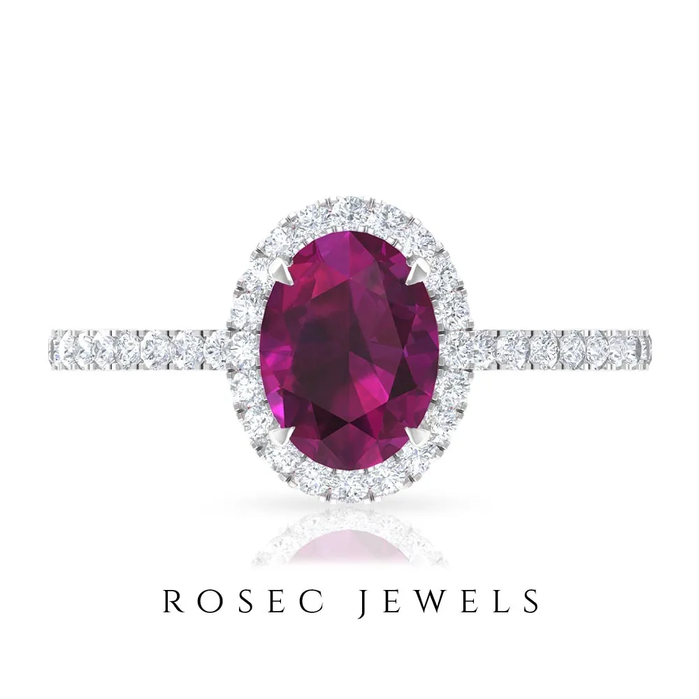 2 CT Oval Rhodolite Engagement Ring with Diamond Halo