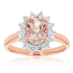 9ct Rose Gold 1.50ct Morganite and 0.50ct Diamond Halo Ring