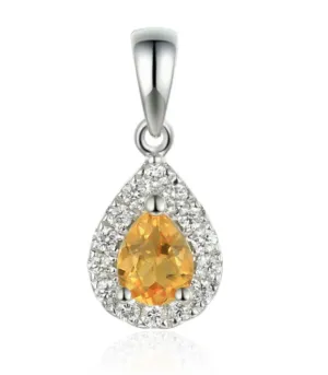 9ct White Gold 0.26ct Pear Cut Citrine And 0.12ct Diamond Halo Necklace