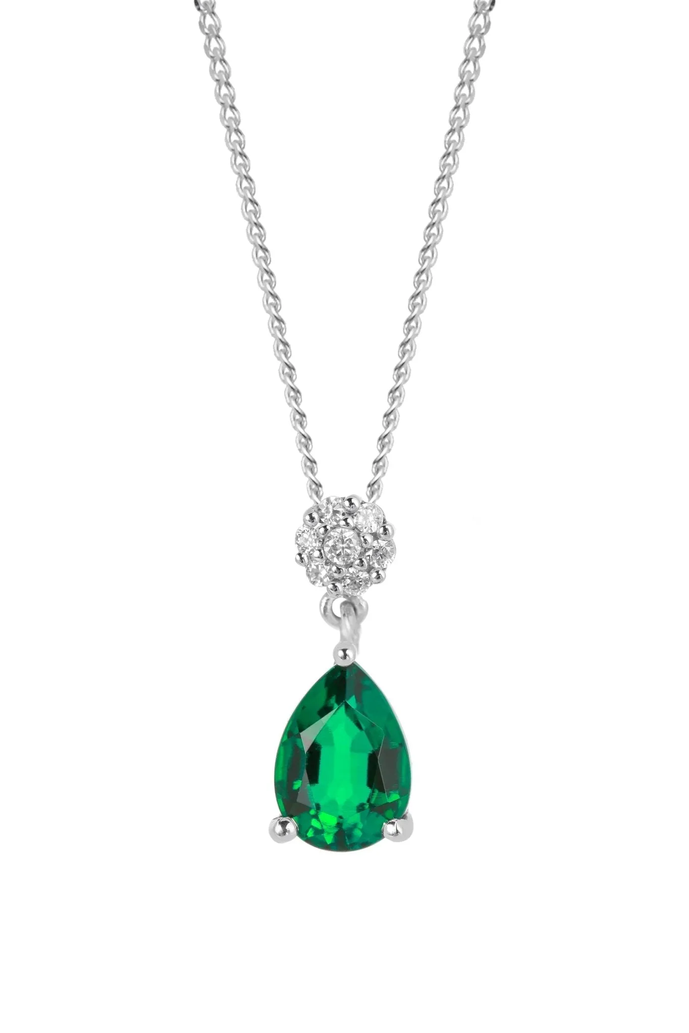 9ct White Gold Created Emerald and Diamond Pendant Necklace