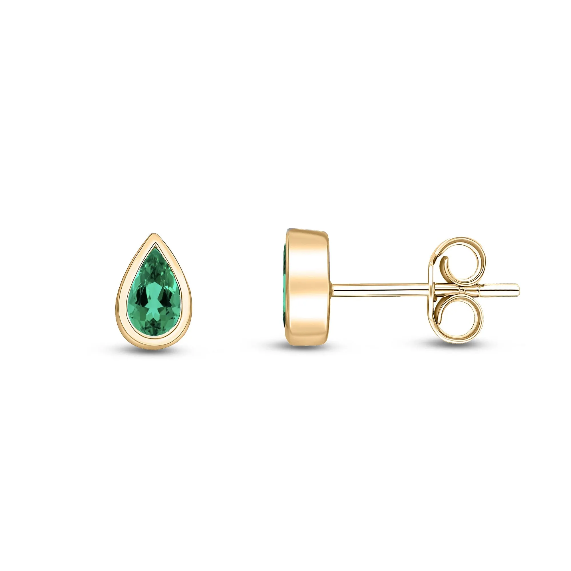 9ct Yellow Gold Pear Emerald Rubover Stud Earrings 0.36ct