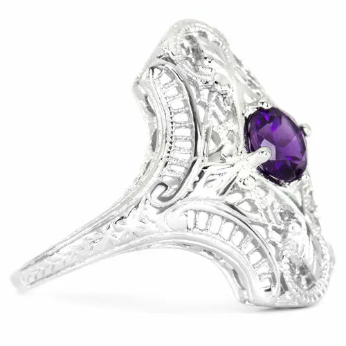 AMETHYST STERLING SILVER VINTAGE STYLE COCKTAIL RING ART DECO FILIGREE PURPLE