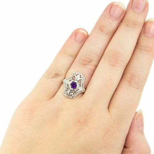 AMETHYST STERLING SILVER VINTAGE STYLE COCKTAIL RING ART DECO FILIGREE PURPLE