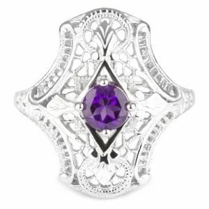 AMETHYST STERLING SILVER VINTAGE STYLE COCKTAIL RING ART DECO FILIGREE PURPLE