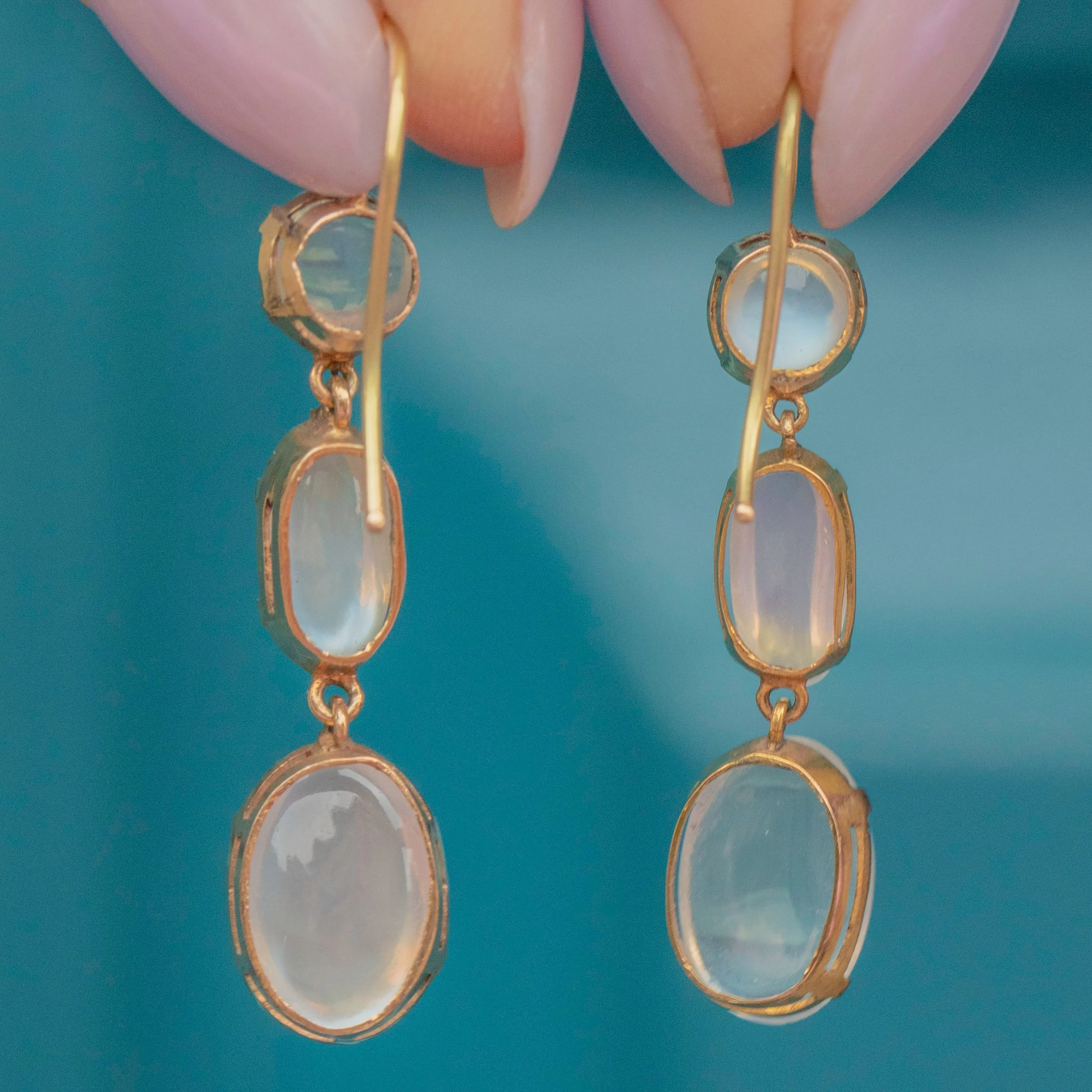 Antique 9ct Gold Moonstone Drop Earrings, 5.20ct