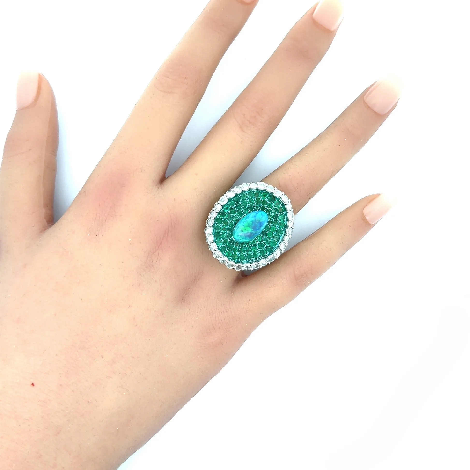 Australian Opal Emerald Diamond 18k Gold & Green-Rhodium Cocktail Ring