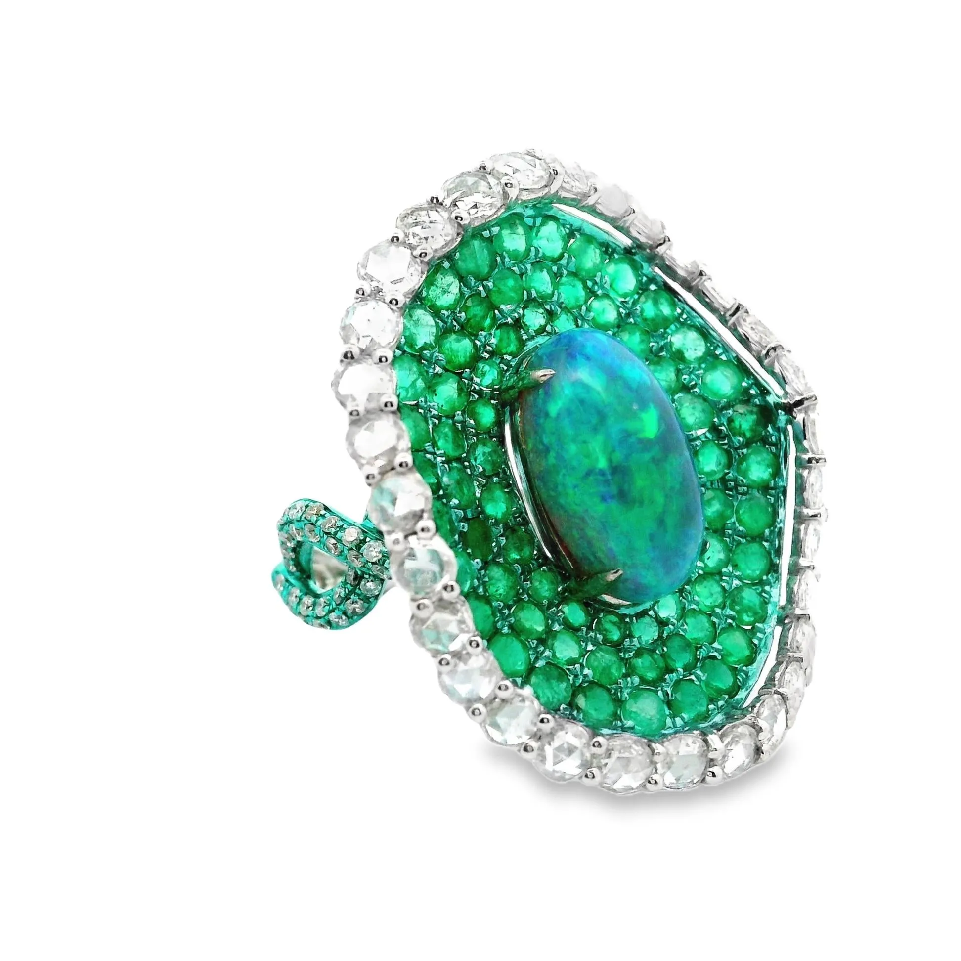 Australian Opal Emerald Diamond 18k Gold & Green-Rhodium Cocktail Ring