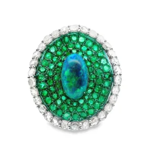 Australian Opal Emerald Diamond 18k Gold & Green-Rhodium Cocktail Ring