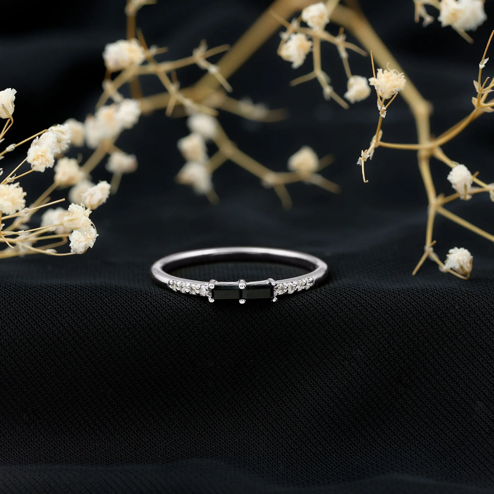 Baguette Black Onyx and Diamond Stackable Ring