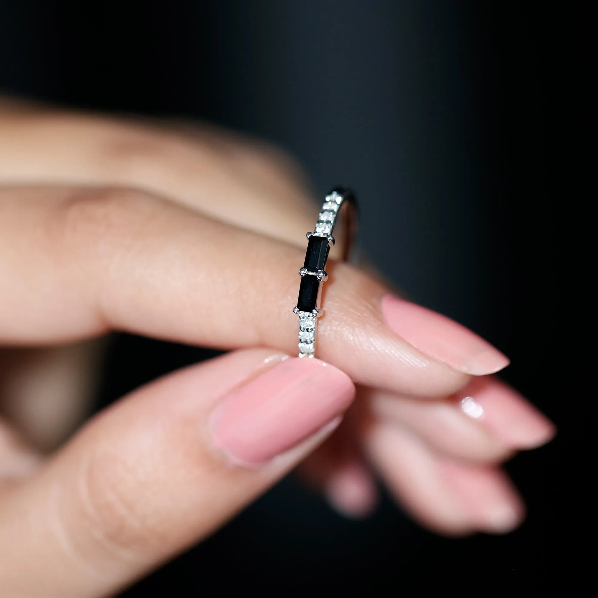 Baguette Black Onyx and Diamond Stackable Ring