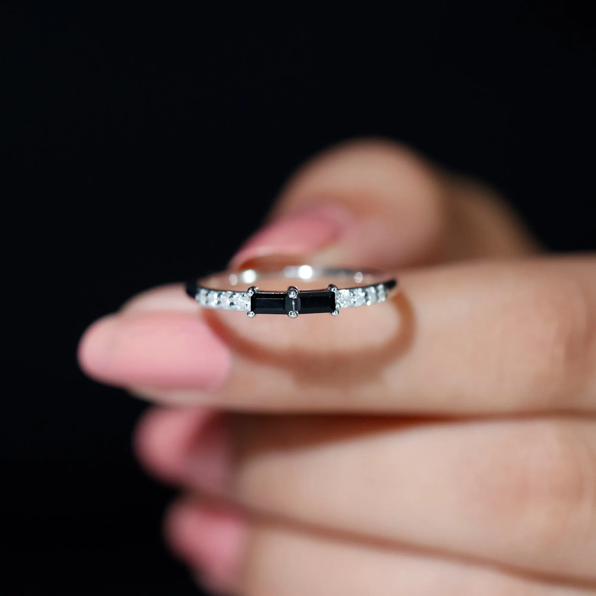 Baguette Black Onyx and Diamond Stackable Ring