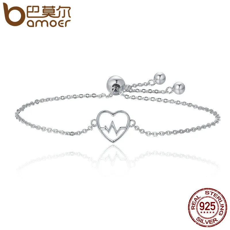 BAMOER Hot Sale 100% 925 Sterling Silver ECG Of Love & Sweetheart Heart Bracelet Women Luxury Authentic Silver Jewelry SCB019