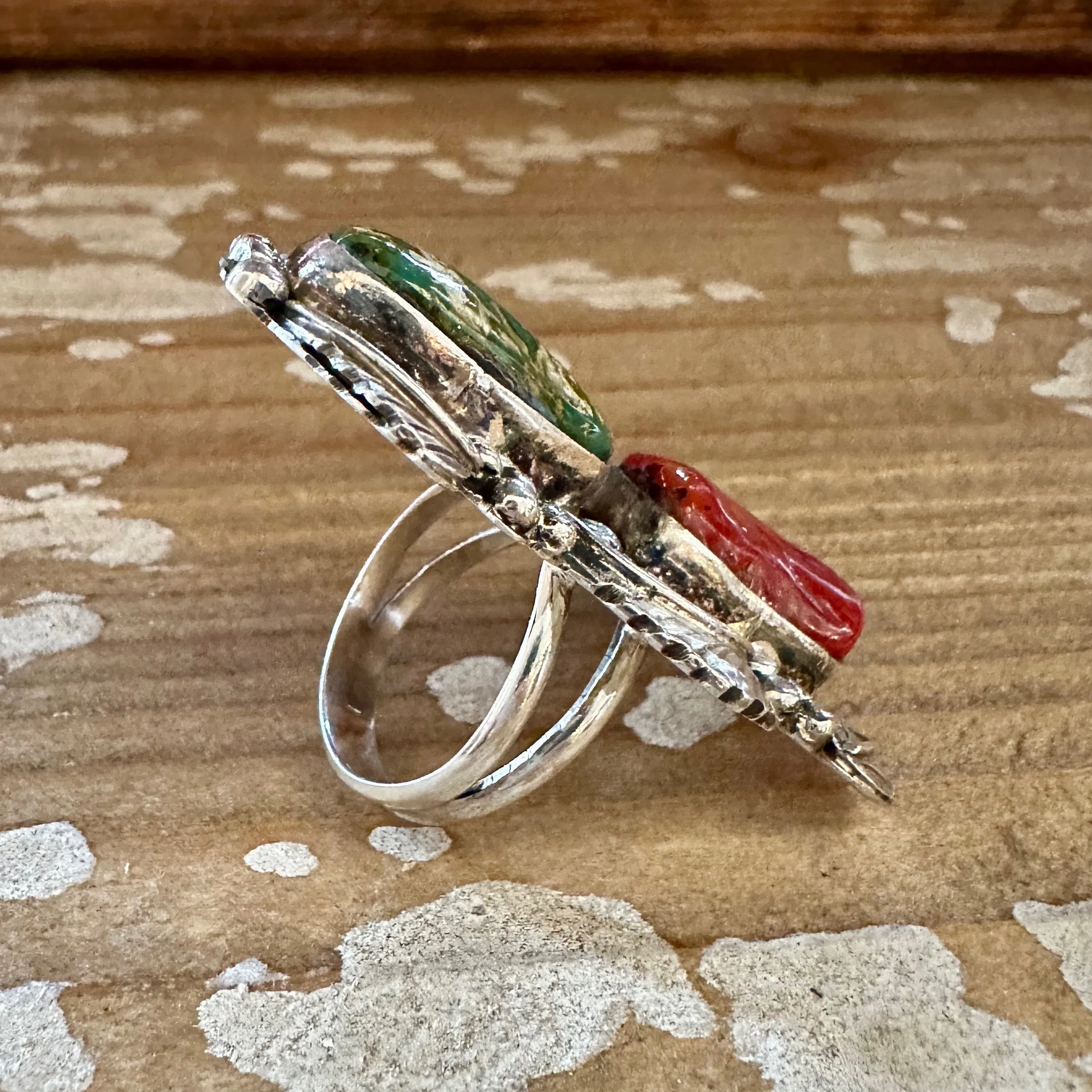 BEYOND BEAUTY Abel Toledo Large Handmade Ring Sterling Silver, Turquoise, Coral • Size 9 1/2