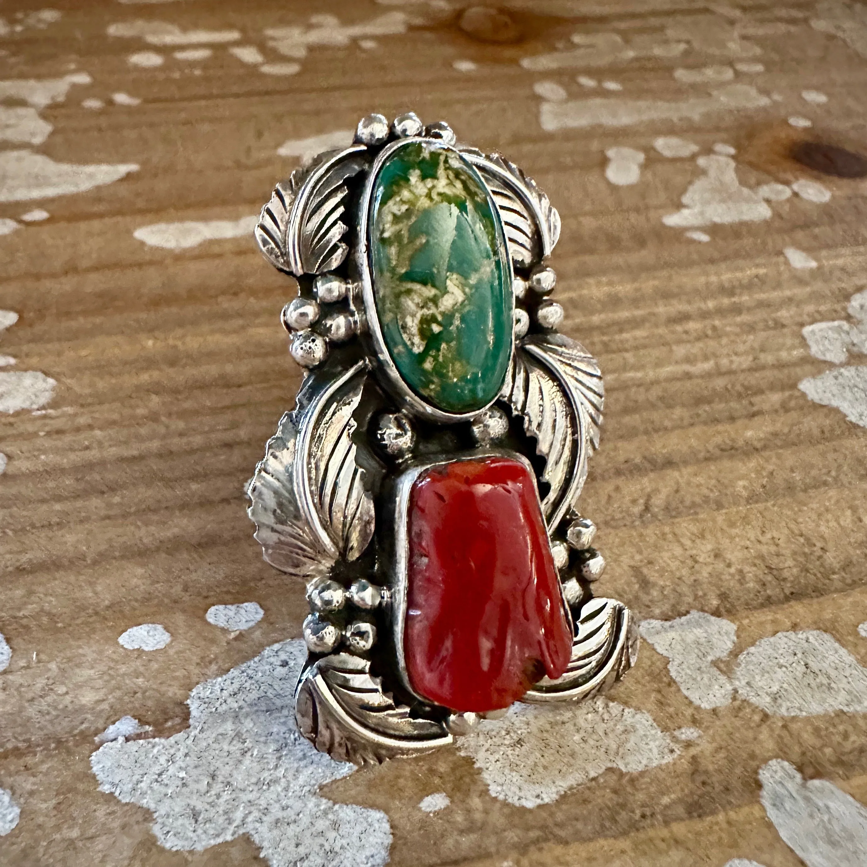 BEYOND BEAUTY Abel Toledo Large Handmade Ring Sterling Silver, Turquoise, Coral • Size 9 1/2