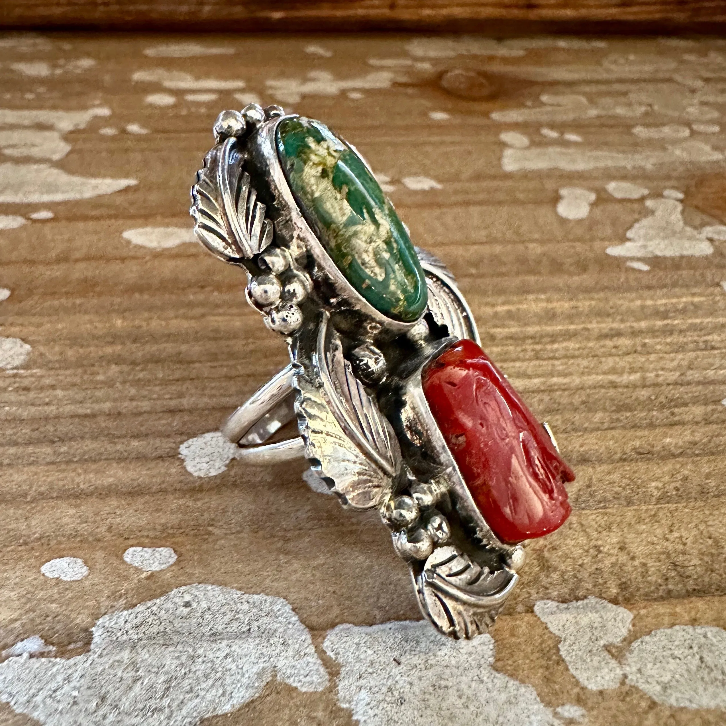 BEYOND BEAUTY Abel Toledo Large Handmade Ring Sterling Silver, Turquoise, Coral • Size 9 1/2