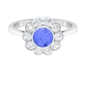 Bezel Set Tanzanite and Diamond Flower Halo Engagement Ring