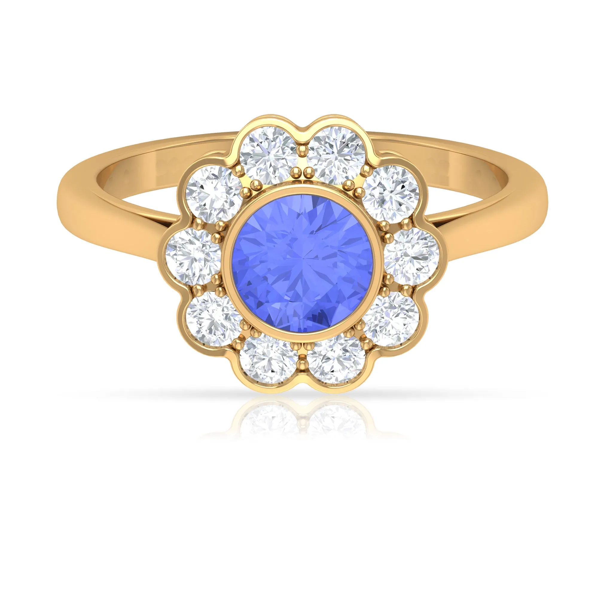 Bezel Set Tanzanite and Diamond Flower Halo Engagement Ring