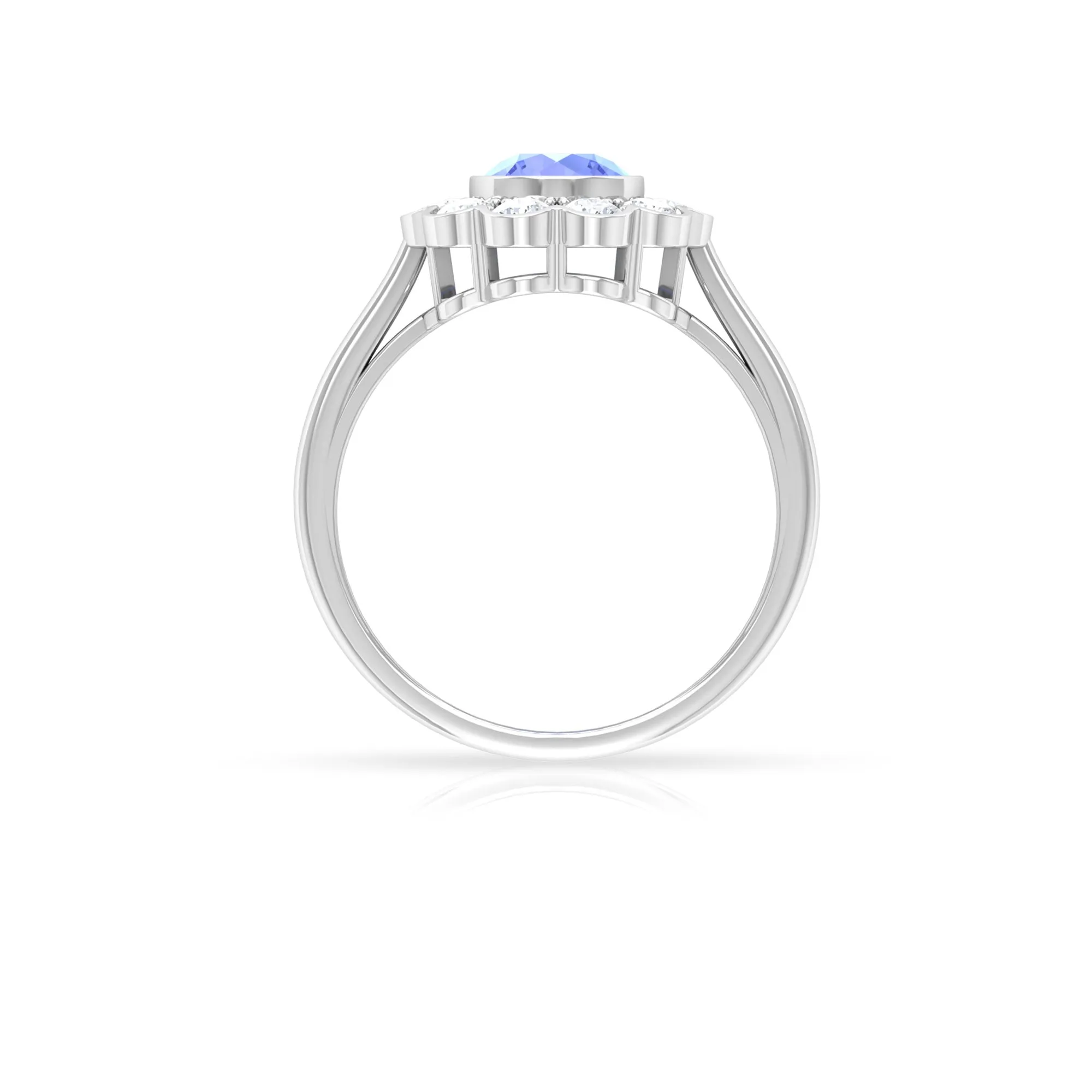 Bezel Set Tanzanite and Diamond Flower Halo Engagement Ring