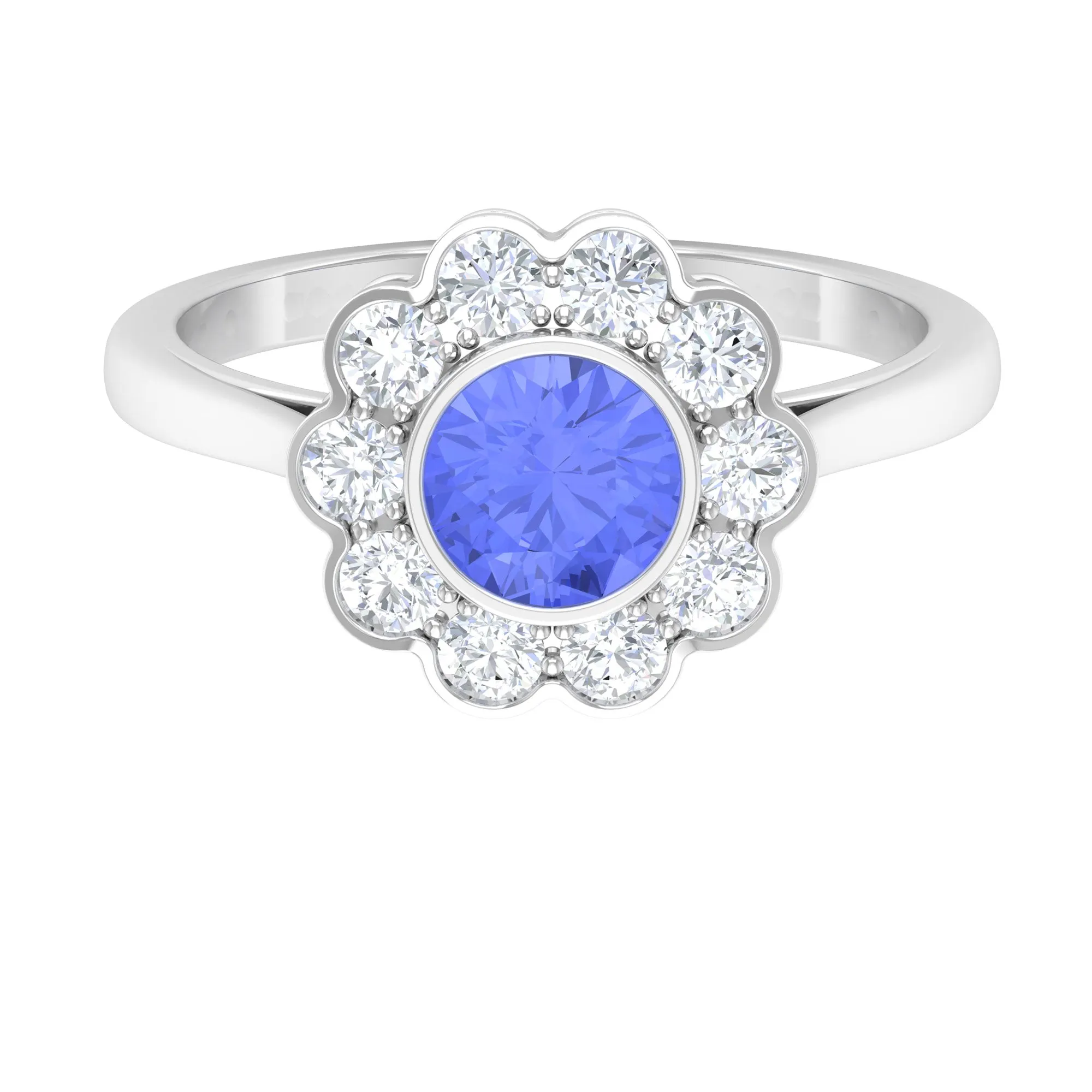 Bezel Set Tanzanite and Diamond Flower Halo Engagement Ring