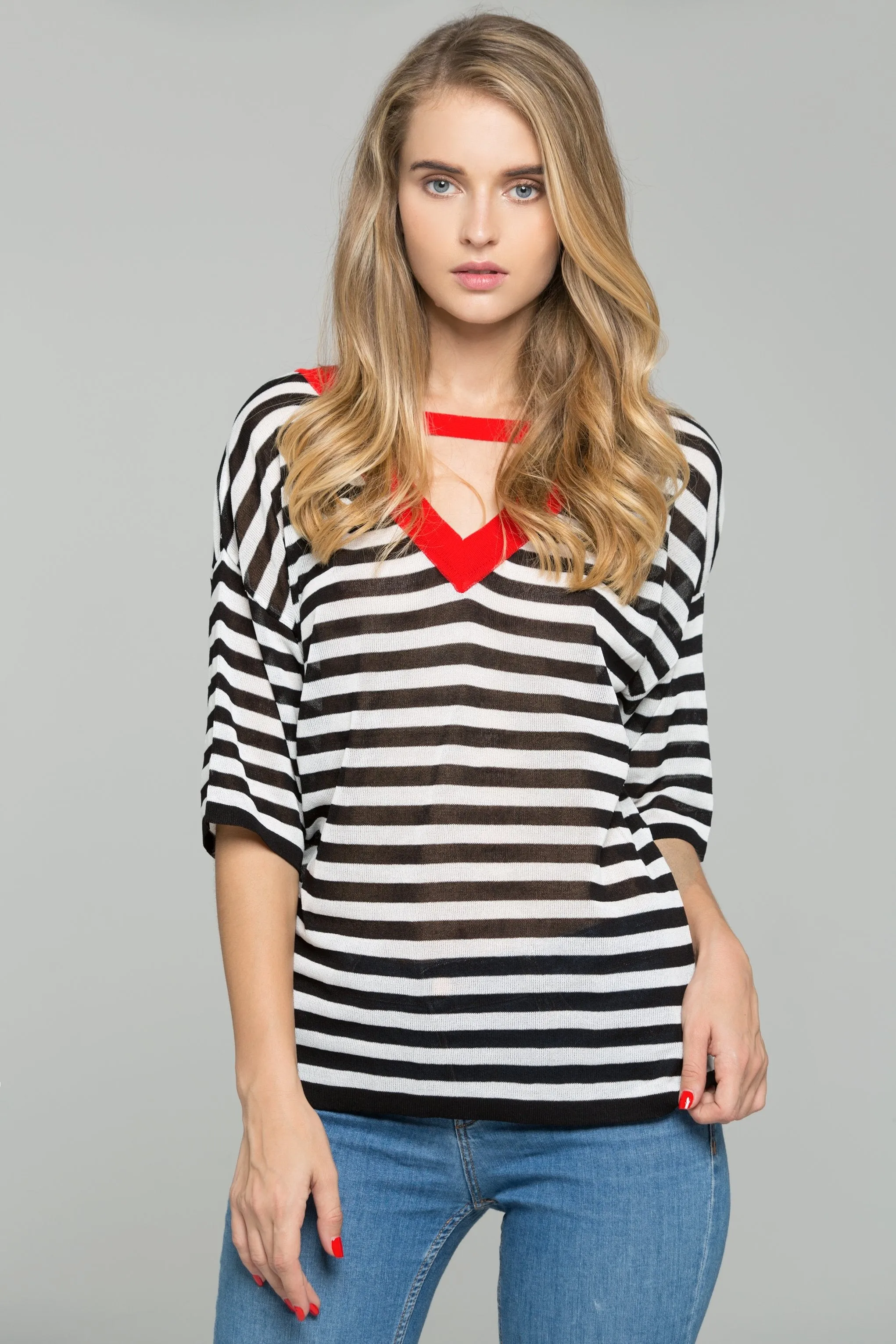 Black and White Striped Red V-Neck Choker Top