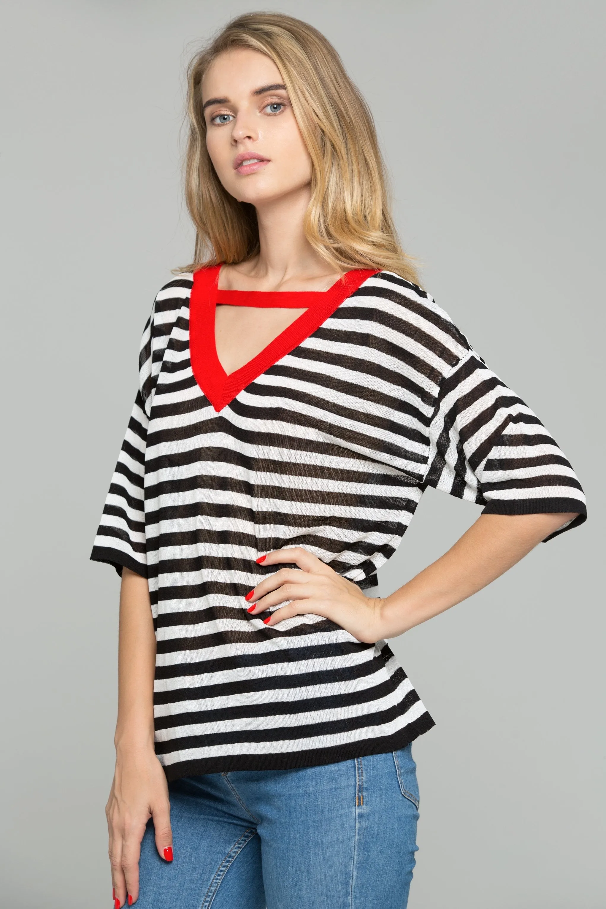 Black and White Striped Red V-Neck Choker Top