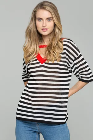 Black and White Striped Red V-Neck Choker Top