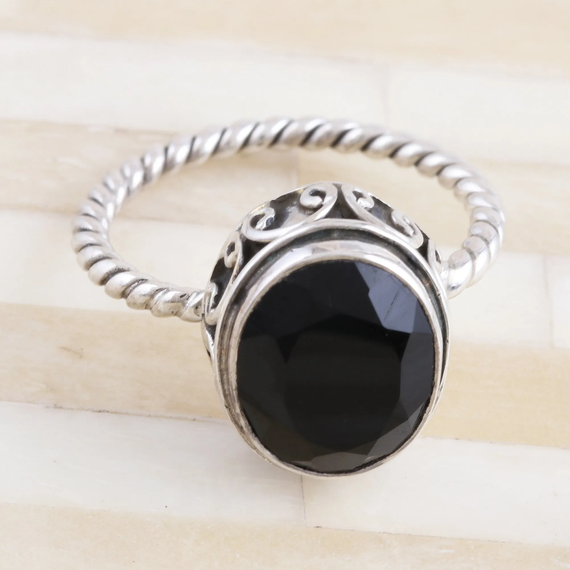 Black Onyx and Sterling Silver Cocktail Ring - Midnight Hearts | NOVICA